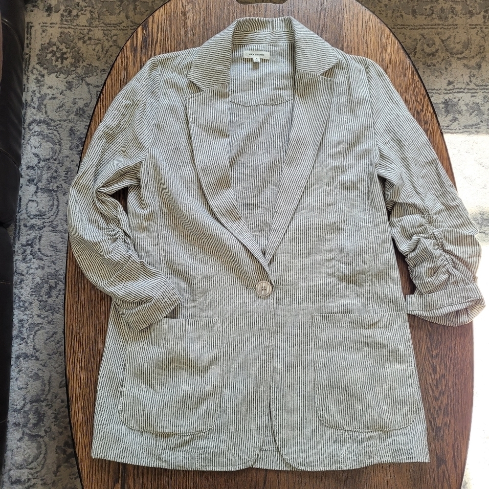 Max Studio White and Green Striped Linen Ruched Sleeve Blazer Size Women's Small - Picture 2 of 12